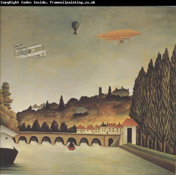 Henri Rousseau View of the Bridge at Sevres and Saint-Cloud with Airplane,Balloon,and Dirigible